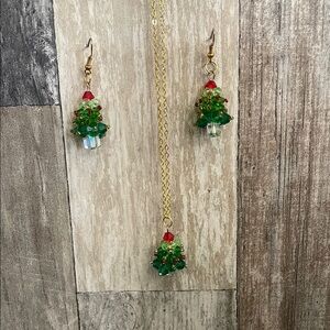 Crystal Green & Red Christmas Tree Jewelry earrings necklace‎ set